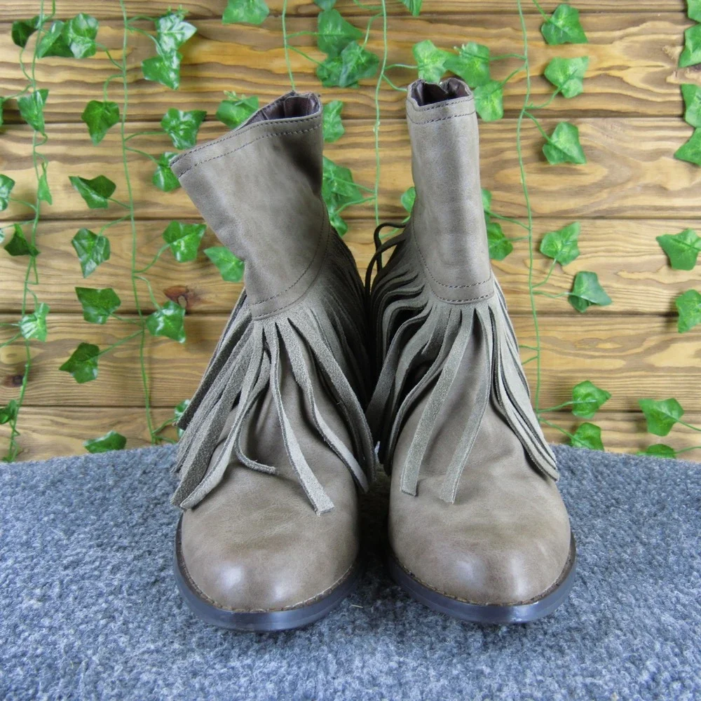 Very Volatile Women 7.5 Taupe Fringe Western Ankle Boot Block Heel Zip Synthetic